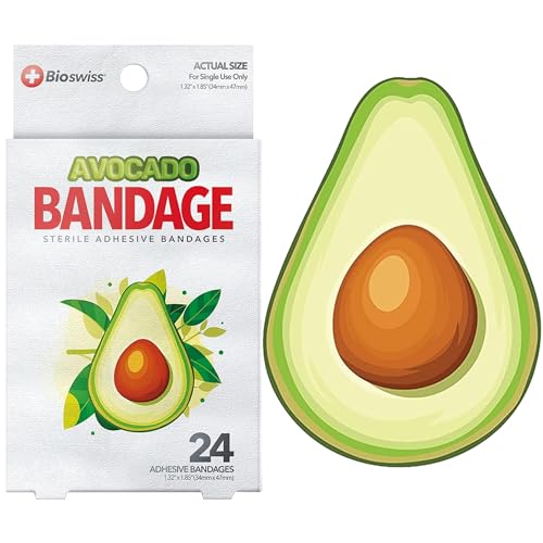 BioSwiss Bandages, Avocado Shaped Self Adhesive Bandages, Latex Free Sterile Wound Care, Fun First Aid Kit Supplies for Kids